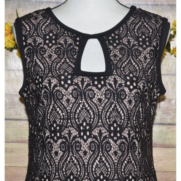 R&M Richards Ladies 12 Black Taupe Sequin Lace Sheath Dress Evening Wear Party - Picture 2 of 12